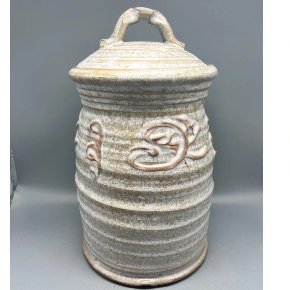 Vintage Storage‎ Jar Canister /Lid Embossed Floral Design Rustic Kitchen pottery